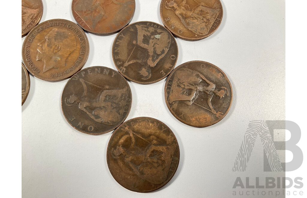 Collection of Great Britain Pennies Spanning 1899 to 1926