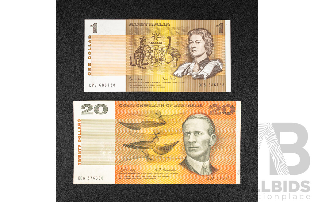 Australian 1968 Twenty Dollar Note, R403 Phillips/Randall and 1982 UNC One Dollar R78L Last Prefix Johnston/Stone