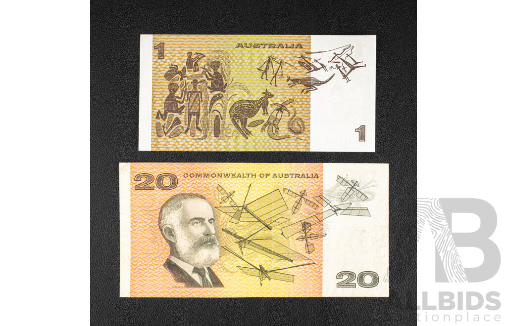 Australian 1968 Twenty Dollar Note, R403 Phillips/Randall and 1982 UNC One Dollar R78L Last Prefix Johnston/Stone