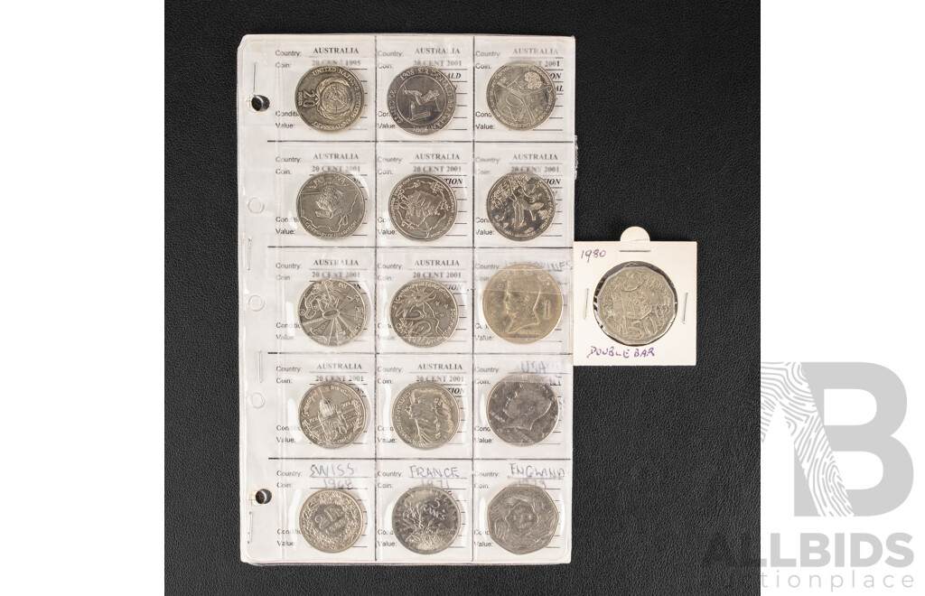 Australian 2001 Federation Twenty Cent Coins, 1980 Double Bar Fifty Cent Coin, USA 977 Kennedy Half Dollar, France, United Kingdom, Switzerland Coins