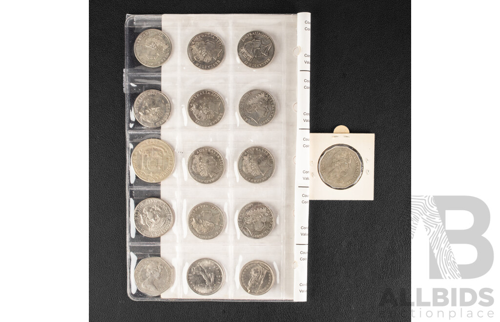 Australian 2001 Federation Twenty Cent Coins, 1980 Double Bar Fifty Cent Coin, USA 977 Kennedy Half Dollar, France, United Kingdom, Switzerland Coins