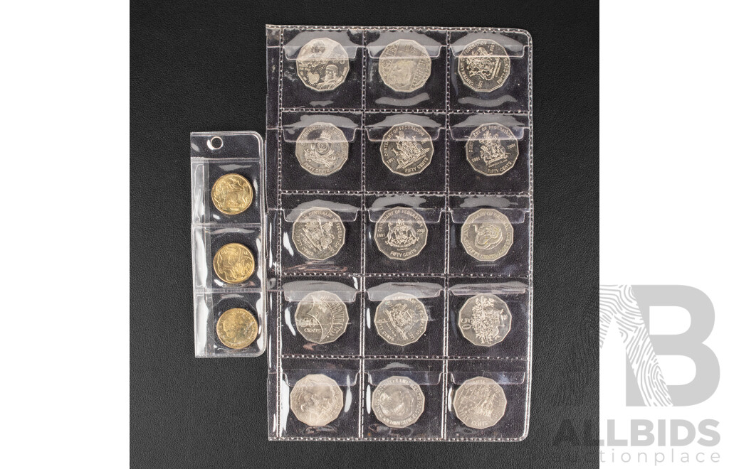 Australian Commemorative Fifty Cent Coins Including 1970 Cook, 2001 Federation, 2000 Millennium, Three UNC One Dollar Coins, 1984, 2005, 2012 Wheat Sheaf M Mint Mark