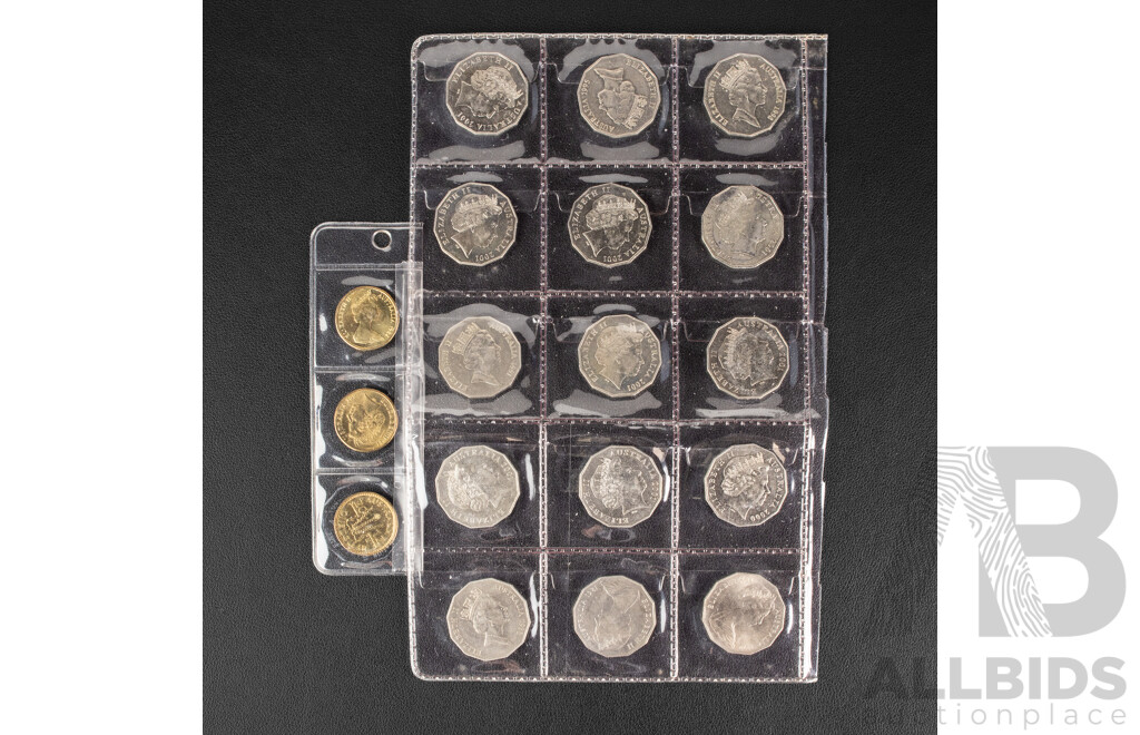 Australian Commemorative Fifty Cent Coins Including 1970 Cook, 2001 Federation, 2000 Millennium, Three UNC One Dollar Coins, 1984, 2005, 2012 Wheat Sheaf M Mint Mark