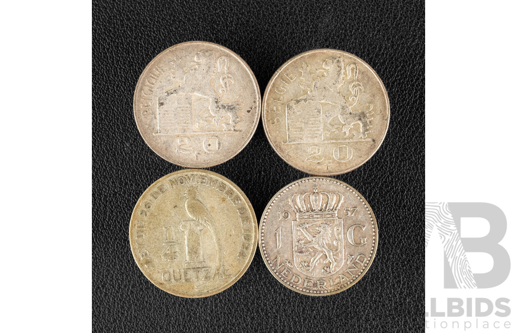 Four Silver Coins Including Netherlands 1957 One Gulden, Belgium 1950 and 1951 Twenty Francs, Guatemala 1924 Quarter Quetzal