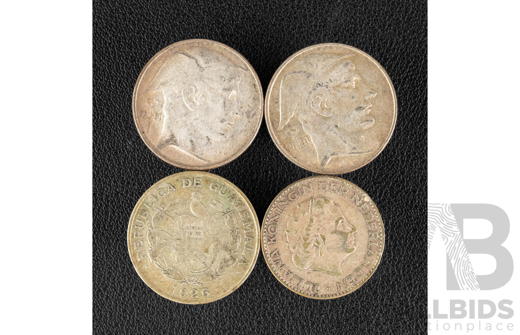Four Silver Coins Including Netherlands 1957 One Gulden, Belgium 1950 and 1951 Twenty Francs, Guatemala 1924 Quarter Quetzal