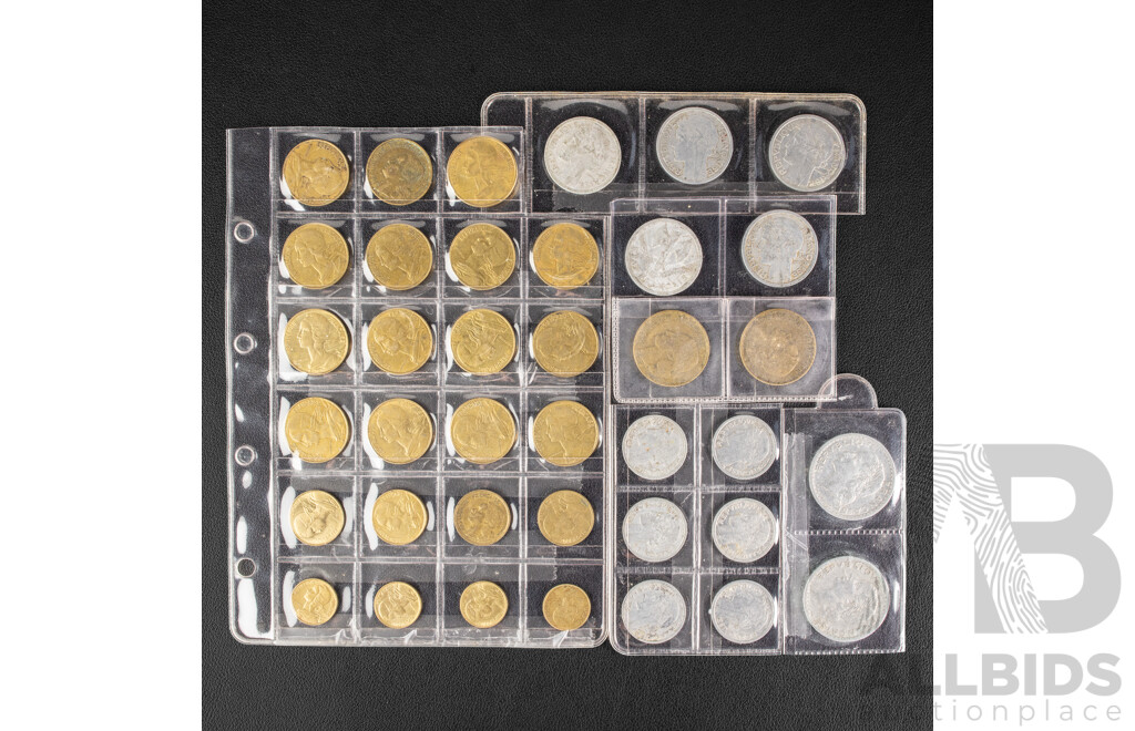 Collection of French Aluminium Coins One, Two and Five Franc Spanning 1943 to 1959 with Twenty and Fifty Francs Coin Spanning 1951 to 1979