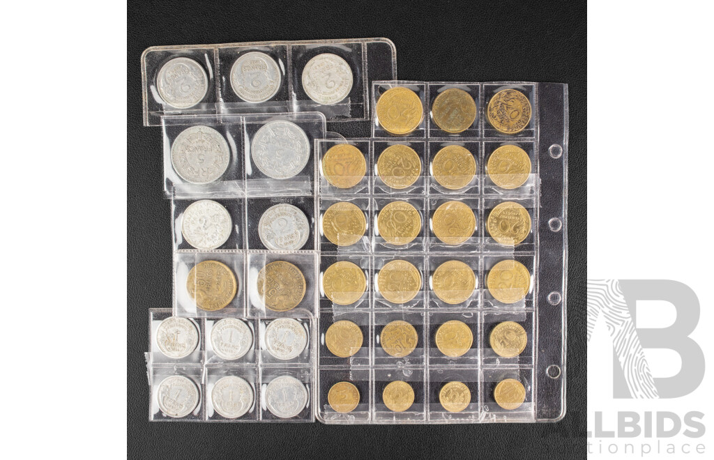 Collection of French Aluminium Coins One, Two and Five Franc Spanning 1943 to 1959 with Twenty and Fifty Francs Coin Spanning 1951 to 1979