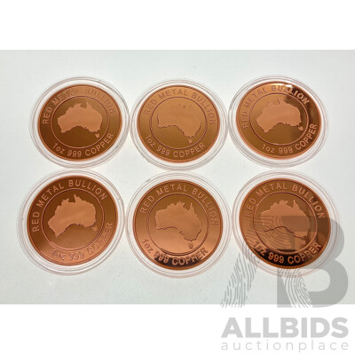Six Australian Red Metal Bullion One Ounce Copper Coins