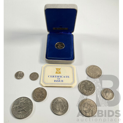 Isle of Man 1978 Virenium One Pound Coin with Four United Kingdom Half Crowns, Two Shillings, One Shilling, 1948 and Silver 1943 Sixpence
