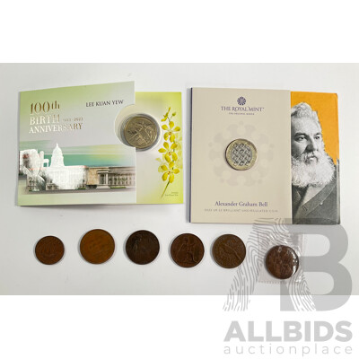 United Kingdom 2022 Brilliant UNC Two Pound Coin, Alexander Graham Bell, 1908, 1920, 1937 Pennies 1943 Half Penny, New Zealand 1958 One Penny,  South Africa 1943 One Penny, Singapore 2023 UNC Ten Dollar Coin