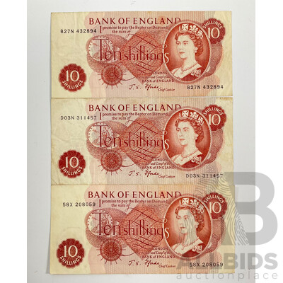Three United Kingdom 1966 -1970 Ten Shillings Bank Notes