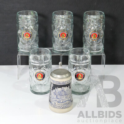 Collection of Six German Steins Including Paulaner Munchen One Liter Dimple Glass and Salzburg Pewter Blue/Grey Ceramic Example