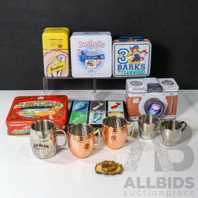 Harley Davidson Belt Buckle with Six Storage Tins Including Film Camera Example and Copper Tone and Stainless Steel Cups