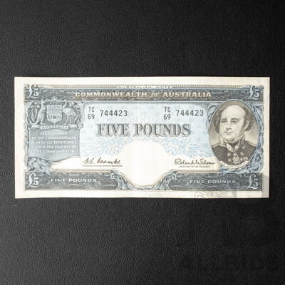 Australian 1960 Five Pound Note, Coombs/Wilson R50, TC69 744423