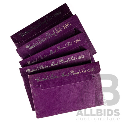 Five United States Mint Proof Year Sets, Consecutive 1986 to 1990