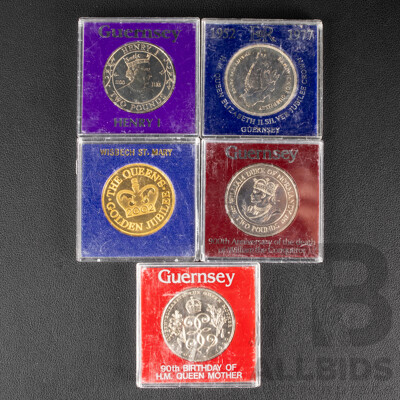 United Kingdom 2002 Gold Plated QE2 Golden Jubilee Coin with Guernsey 1977 Commemorative Crown, 1982,1987,  1990 Two Pound Coins