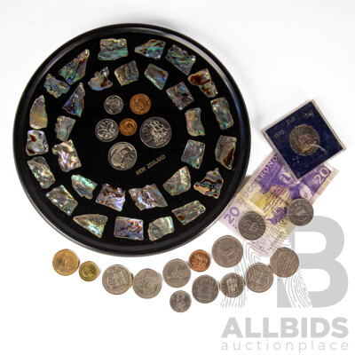 Collection of Vintage International Currency Including Brazil 1927 Four Hundred Reis, Rhodesia 1964 2'6, Fiji 1980 Fifty Cent, Tenth Anniversary of Independence, New Zealand UNC Set with Mother of Pearl Surround and More