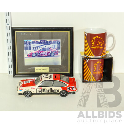 Peter Brock Holden Torana Ceramic Money Box, Framed Mark Skaife Holden Commodore Photo, Two Oversize Brisbane Broncos Mugs