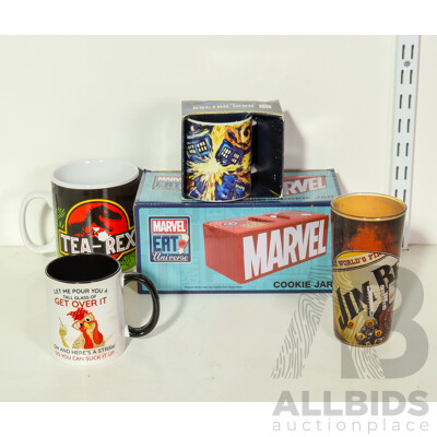 Marvel Ceramic Ceramic Cookie Jar, Oversize Tea-Rex Jurassic Park Mug, Doctor Who Mug, Get Over It Mug, Jim Beam Glass