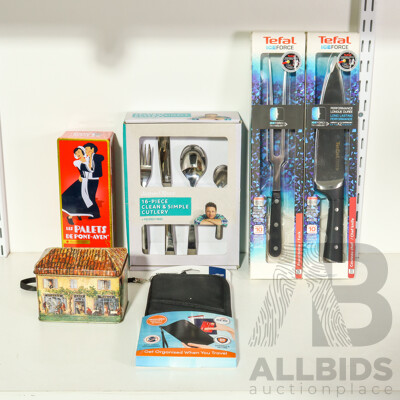 Boxed Tefal Ice Force Knive and Fork, Jamie Oliver Sixteen Piece Cutlery Set, RFID Protection Wallet and Two Vintage Tins
