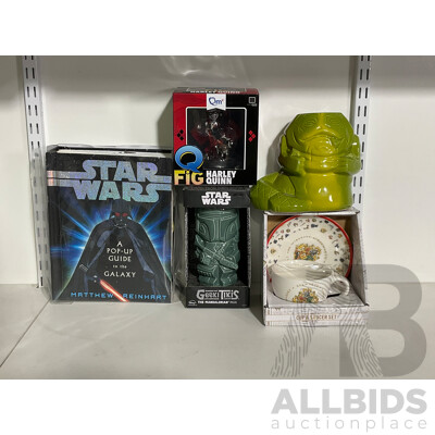 Star Wars Pop Up Guide to the Galaxy, Geeki Tikis Mandalorian Mug and Ceramic Vase, Boxed Harley Quinn Figure, Harry Potter Cup and Saucer Set