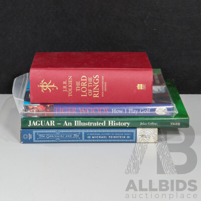 Collection of Hard Cover Books Including J.R.R Tolkien's Lord of the Rings, Tiger Woods How I Play Golf, Jaguar - Illustrated History, The Gershwins and Me