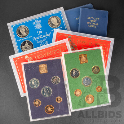 Collection of United Kingdom Coin Sets Including Two First Decimal Coin Wallets, 1975, 1976 Year Sets, 1981 Royal Wedding Set, Two Penny Farthing Sets