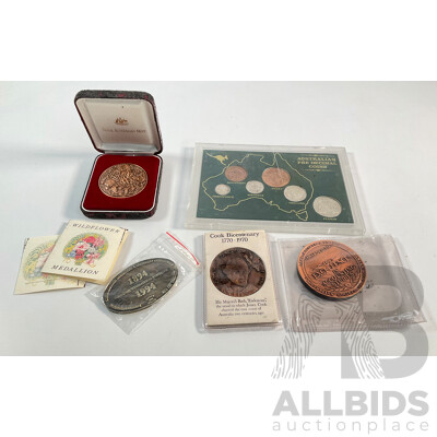 Australian Predecimal Coins Set, RAM Bronze Wildflower Medallion, 1970 Cook Medallion, Accountants Medallion