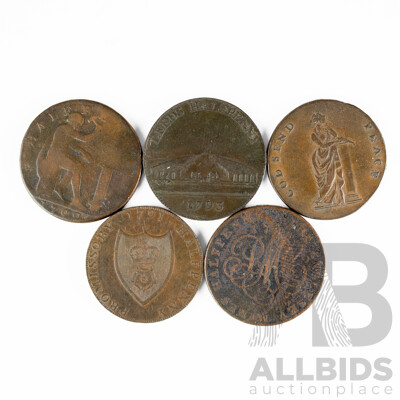 Five United Kingdom Merchant Tokens Including 1788 Anglesey Mines, 1791 Portsmouth/W.Taylor, 1793 Leeds Halfpenny, 1790 -1795 Duke of York, 1799 Warwickshire