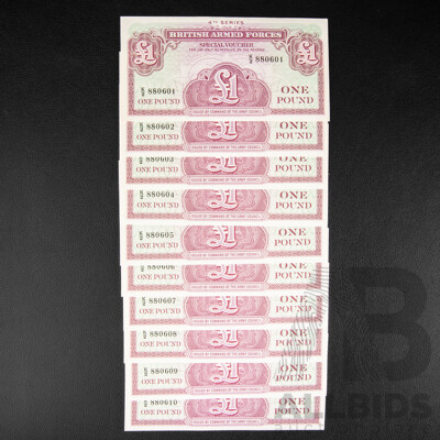 Ten British Armed Forces One Pound Banknotes, Consecutive K2 880601 - K2 880610