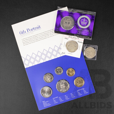 Two Australian Silver Florins, 1954 Royal Visit and 1963, 2020 Six UNC Coin Set, New Effigy Era, 2012 UNC Fifty Cent, QE2 Diamond Jubilee