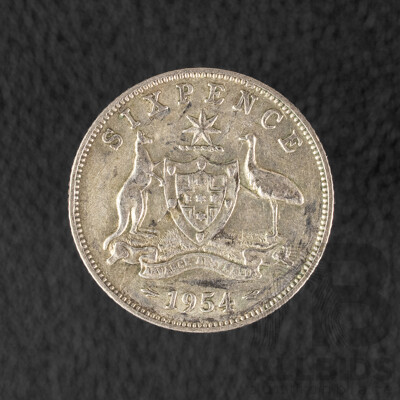 Australian 1954 Silver Sixpence with Die Crack .500