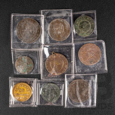 Collection of Antique Coins Including Netherlands East Indies/Indonesia 1730, 1837 One Duit, 1869 One Cent, 1826 Half Stuiver, Great Britain 1790 One Guinea, Hong Kong 1877, 1904(Die Crack) One Cent....................