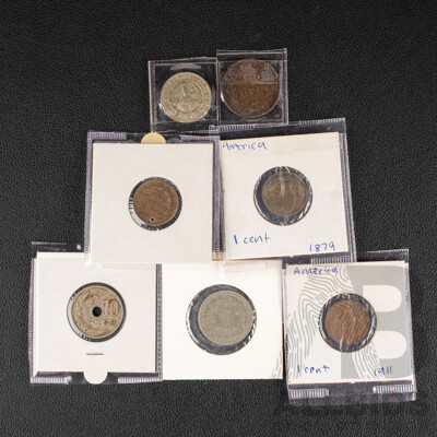 Collection of Antique Coins Including USA 1859, 1911 One Cents, 1879 Indian Head One Cent, Greece 1882 Five Lepta, Belgium 1862, 1902 Ten Centimes, Uruguay 1901 Five Cents