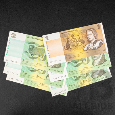 Five Australian 1985 Two Dollar Notes, Johnston/Fraser R89 and 1982 One Dollar R78