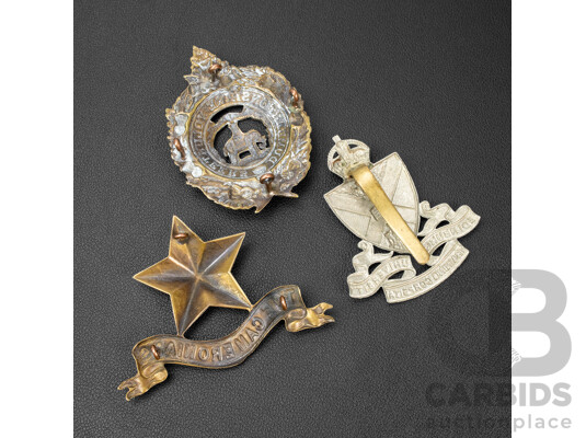 Three Antique Military Badges Including British Army Edinburgh University Officer's Training Corps, Scottish Rifles Pipers of the Cameronians, Dunbartonshire Volunteer Rifle Corps