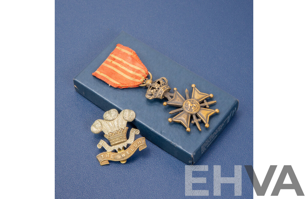 Belgium World War One Croix De Guerre Medal with Welsh Lapel Badge