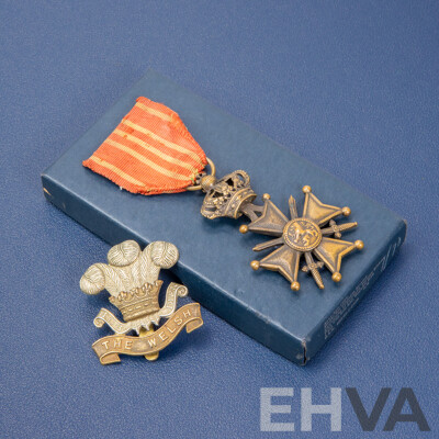 Belgium World War One Croix De Guerre Medal with Welsh Lapel Badge