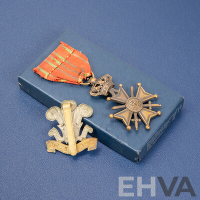 Belgium World War One Croix De Guerre Medal with Welsh Lapel Badge