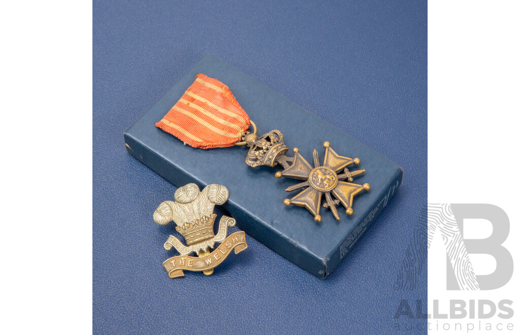 Belgium World War One Croix De Guerre Medal with Welsh Lapel Badge