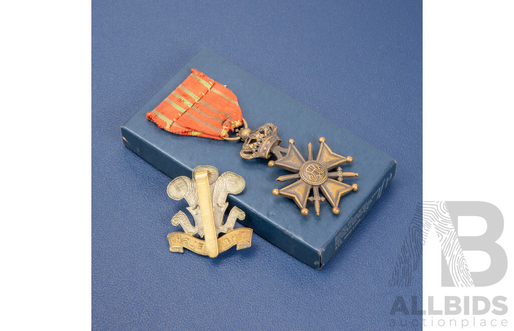 Belgium World War One Croix De Guerre Medal with Welsh Lapel Badge