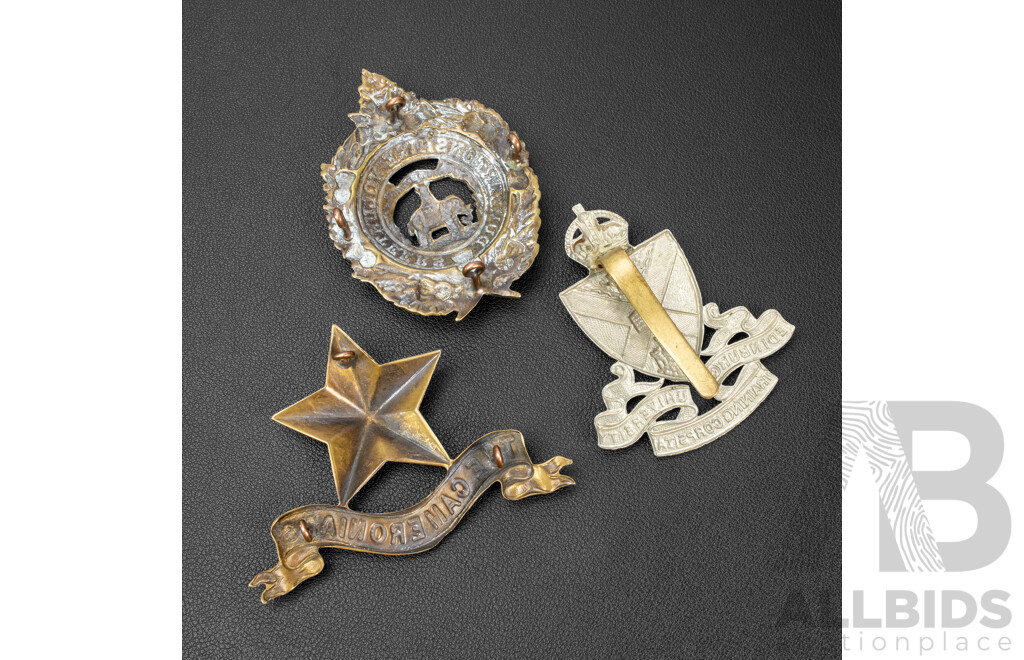 Three Antique Military Badges Including British Army Edinburgh University Officer's Training Corps, Scottish Rifles Pipers of the Cameronians, Dunbartonshire Volunteer Rifle Corps