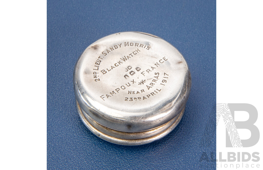 World War One Sterling Silver Pill Box Belonging to Second Lieutenant Sandy Morris, Inscribed Bella Sullivan