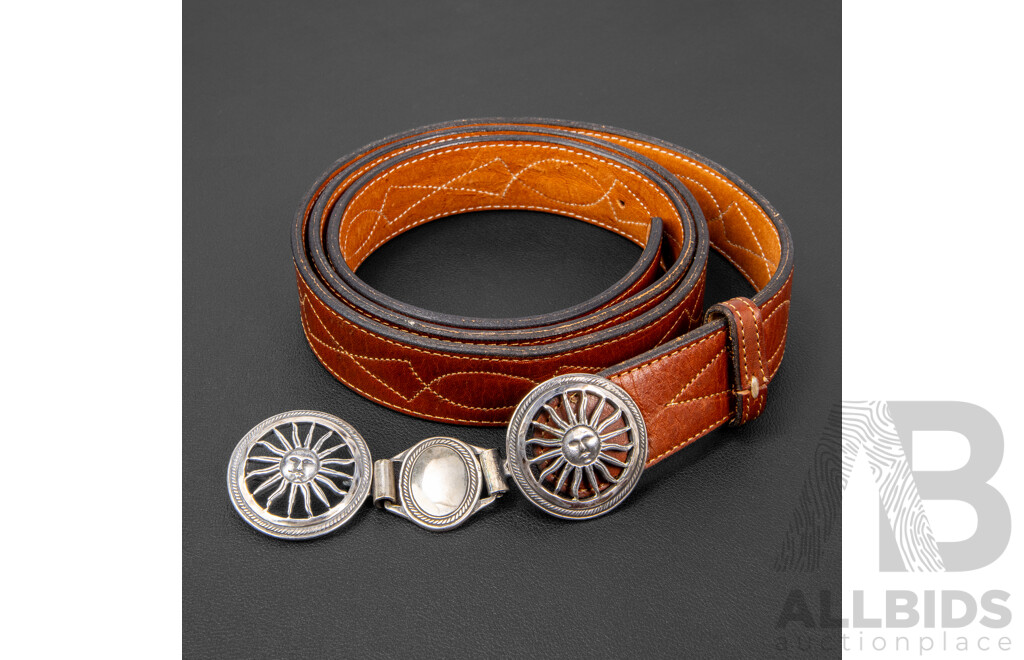 Vintage Argentinian Leather Belt with Sterling Silver Gaucho Double Sun-Face Belt Buckle