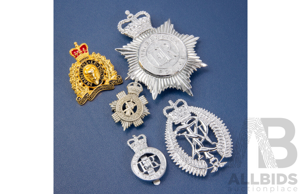 Five Vintage Police Badges Including Canada, United Kingdom, New Zealand, Scotland