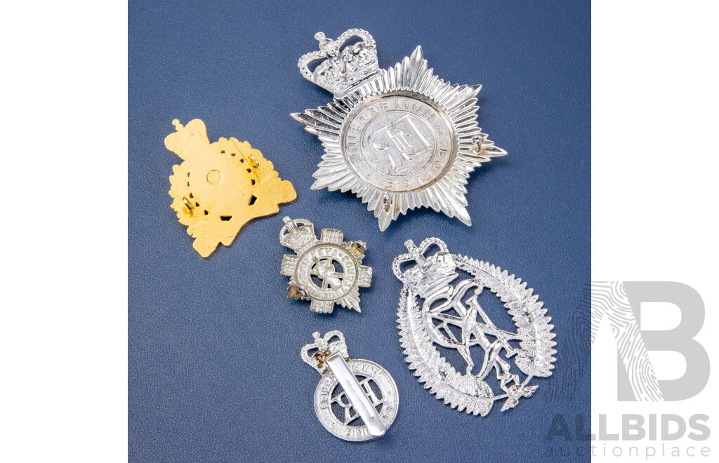 Five Vintage Police Badges Including Canada, United Kingdom, New Zealand, Scotland