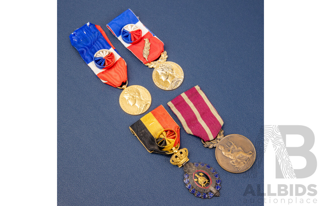 Four Vintage European Medals Including Two French First Class Workers, Belgium First Class Worker, French Musical Society Award