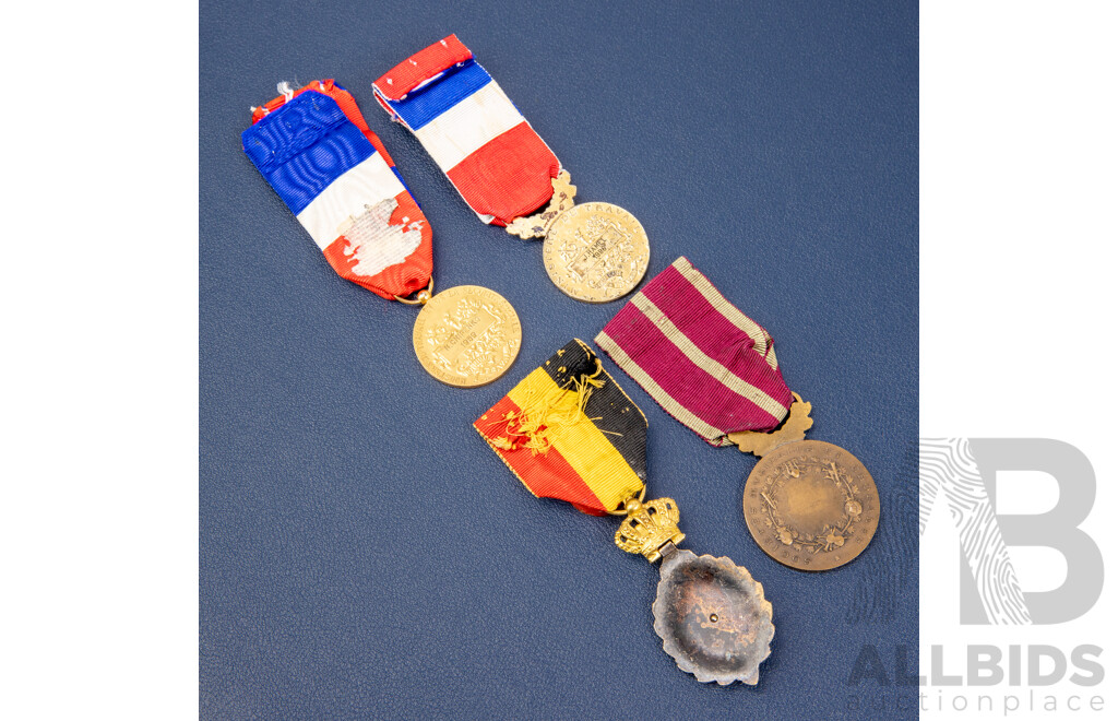 Four Vintage European Medals Including Two French First Class Workers, Belgium First Class Worker, French Musical Society Award