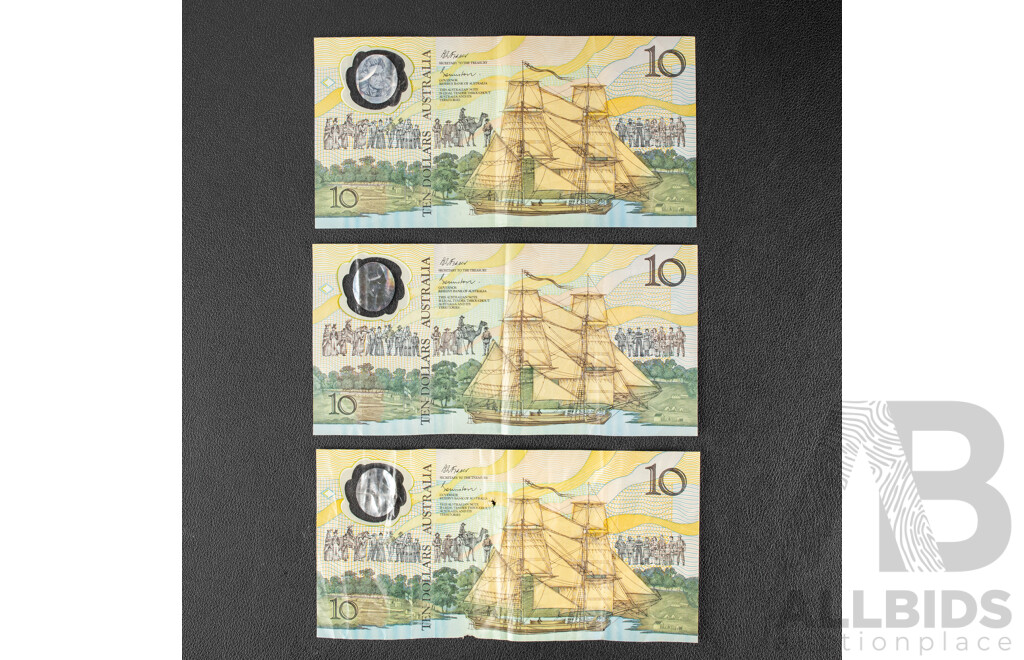 Three Australian 1988 Bicentennial Ten Dollar Notes, Johnston/Fraser