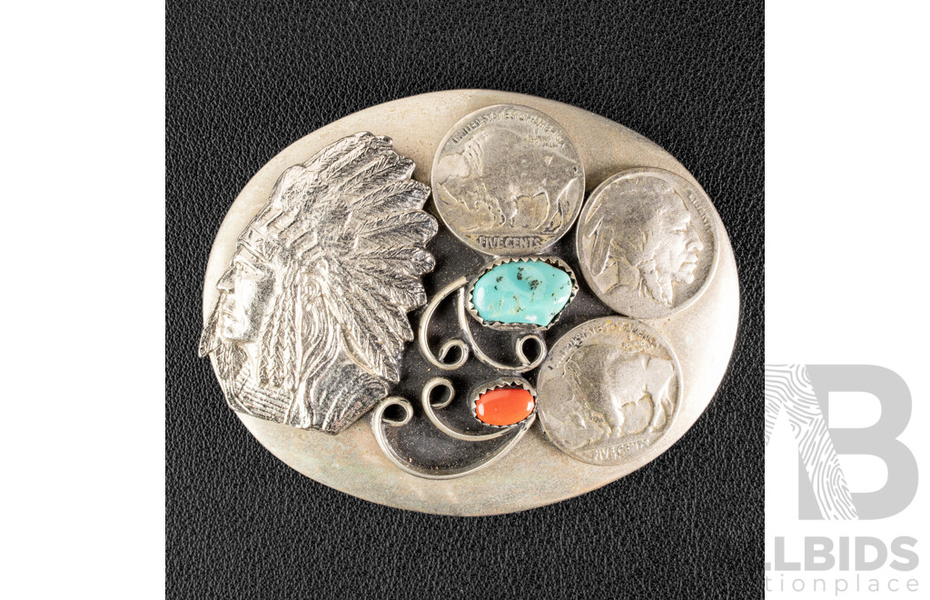 Oval Belt Buckle with Three USA Buffalo Five Cents and Turquoise, Red Coral Fixtures
